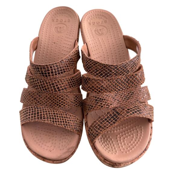 Crocs A-Leigh Cork 3" Wedge Sandal Snakeskin Print Comfortable-Brown-Slip On-9 - Picture 2 of 8